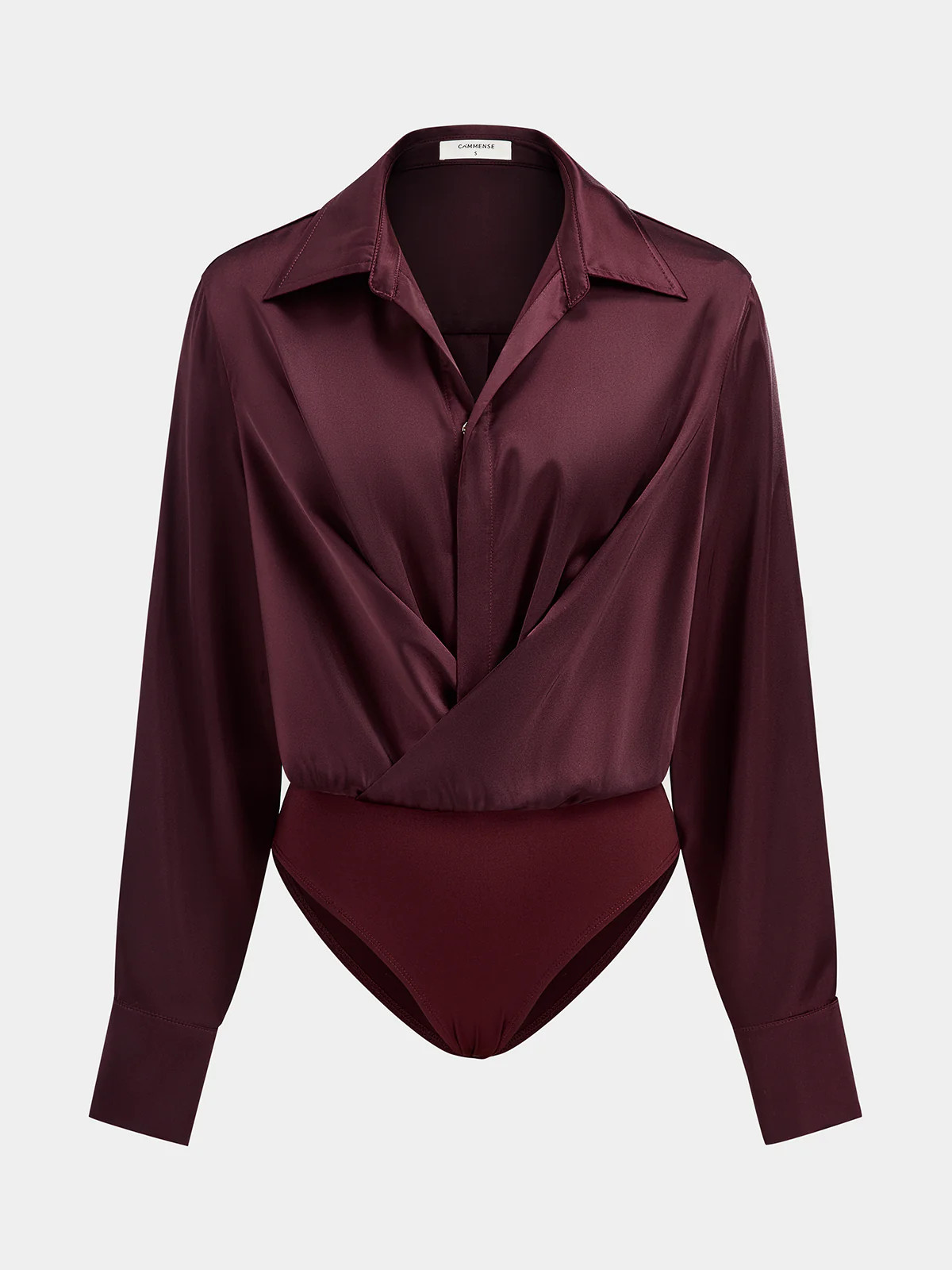 Collared Draped Satin Long Sleeve Bodysuit | Commense