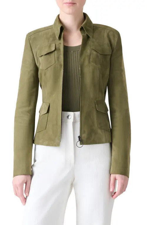 Akris punto Fitted Suede Jacket in Khaki at Nordstrom, Size 12 | Nordstrom