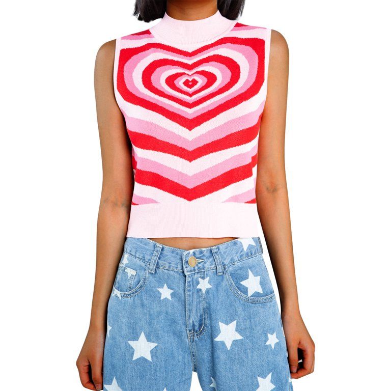 Eyicmarn Women's Knit Sweater Vest Y2K Heart Print E-Girls 90s Sleeveless Crop Tank Top | Walmart (US)