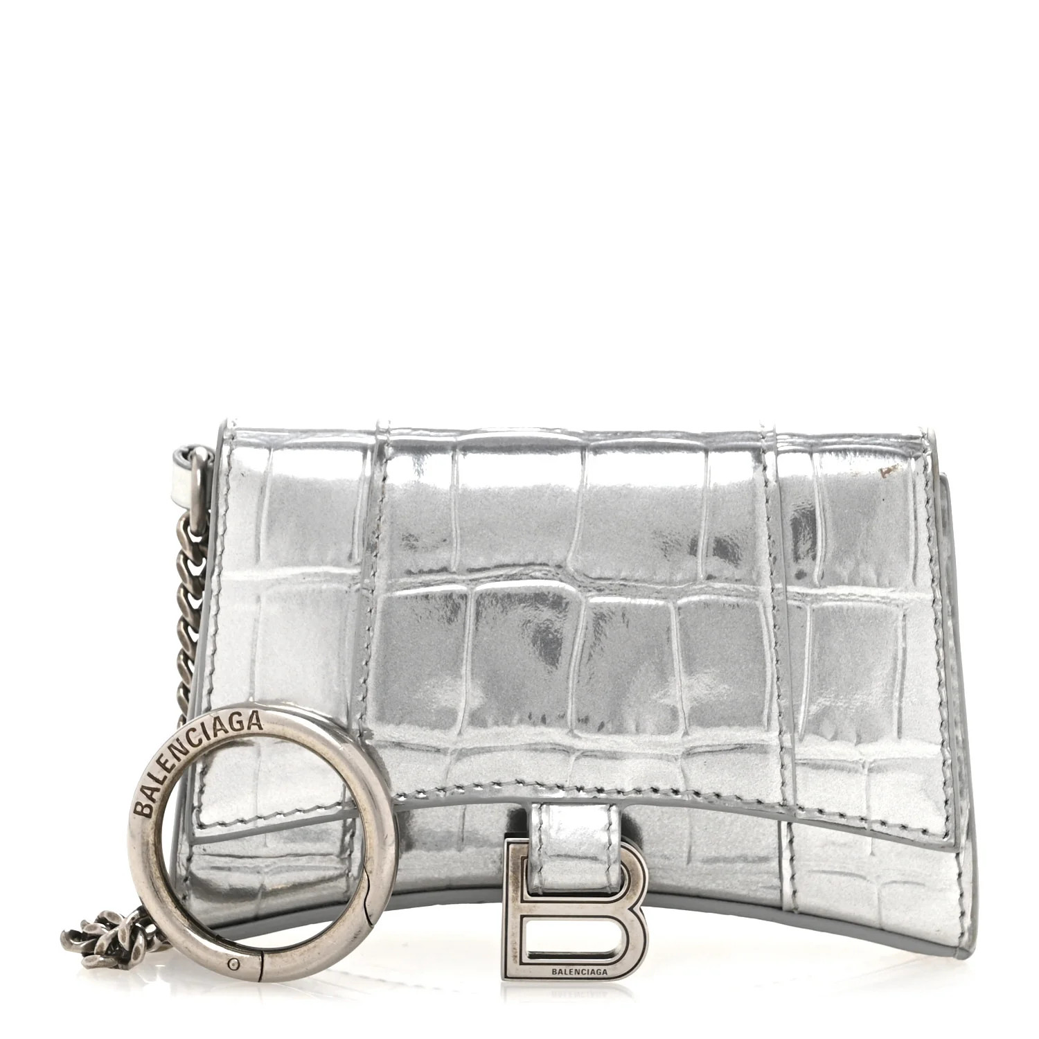 Metallic Calfskin Crocodile Embossed Hourglass Chain Cardholder Silver | FASHIONPHILE (US)
