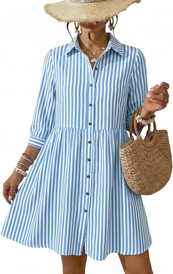 AUSELILY Summer Babydoll Dresses 3/4 Sleeve Button Down Casual A-Line Mini Cute Sundress Loose Fl... | Amazon (US)