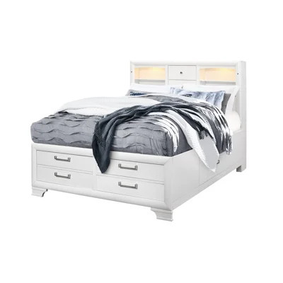 White Full Bed With Storage Drawers And Lit Bookcase Headboard, Modern For Bedroom, Made Of Wood , No Box Spring Required Size Bedroom Use, Solid | Wayfair North America