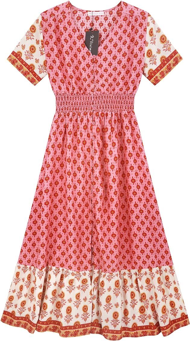 R.Vivimos Women's Summer Short Sleeve Cotton Print Button Up Bohemian Midi Dress | Amazon (US)