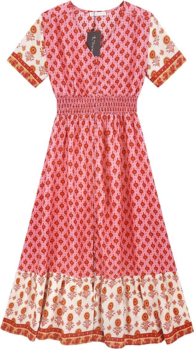 R.Vivimos Women's Summer Short Sleeve Cotton Print Button Up Bohemian Midi Dress | Amazon (US)