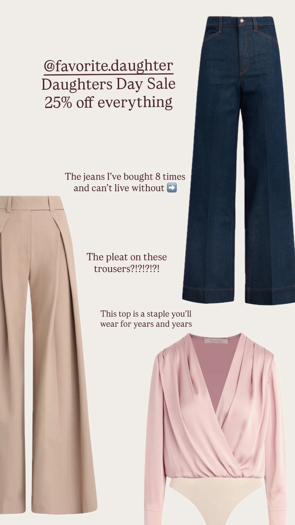 It’s national daughters Day so favorite daughter is 25% off of everything. Here are a few items I love or would buy in a heartbeat. The date blouse is a classic piece you’ll have in your wardrobe, forever. The silky wrap top can be worn day or night. The wide leg Misha Jean I have literally bought an eight different washes and sizes. I truly cannot live without them. They are the only gene I wear, and the quality is insane. These pleated wide leg trousers are absolutely stunning and are a perfect addition to any work wardrobe.

#LTKWorkwear #LTKSaleAlert