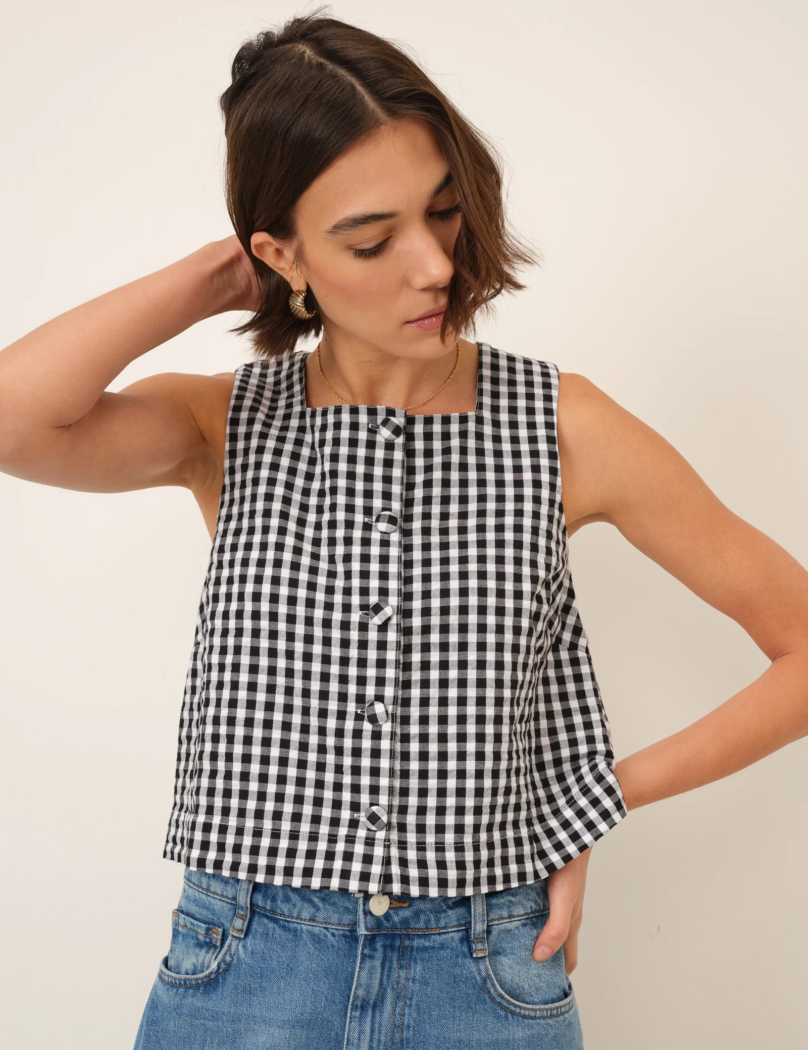 Black Gingham Linen-Blend Button Front Top | Nobody's Child