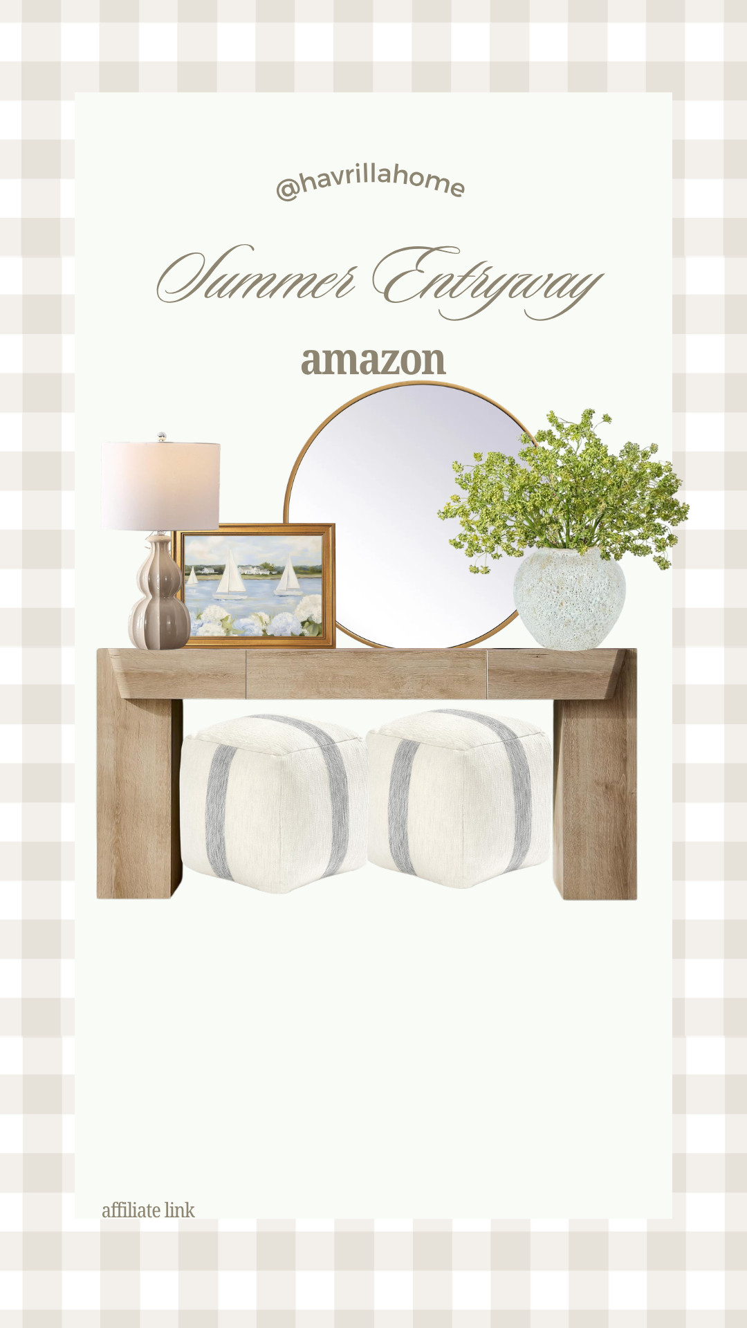 Amazon Summer entryway decor, amazon home decor finds, neutral entryway styling, wood console table decor, round mirror entryway, woven ottomans neutral, ceramic vase greenery, coastal artwork framed, modern organic home decor, light wood furniture, entryway styling ideas

#LTKHome