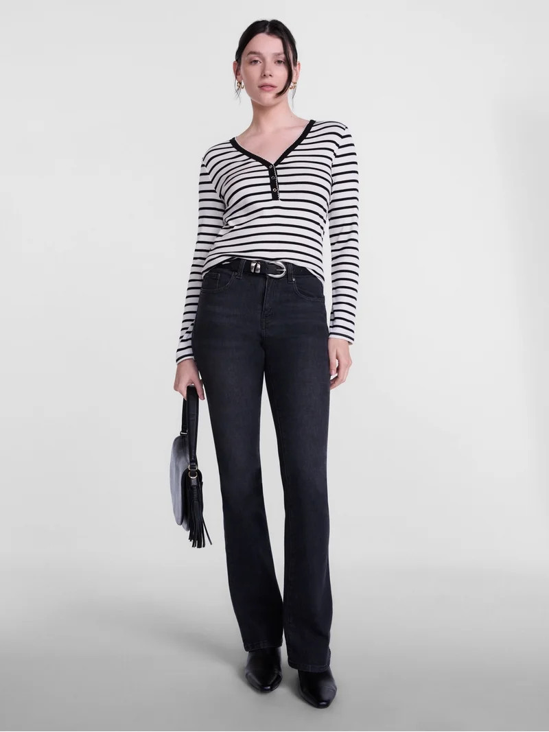 Scenario Women's and Women's Plus Striped Henley Shirt with Long Sleeves, Sizes XS-4X | Walmart (US)