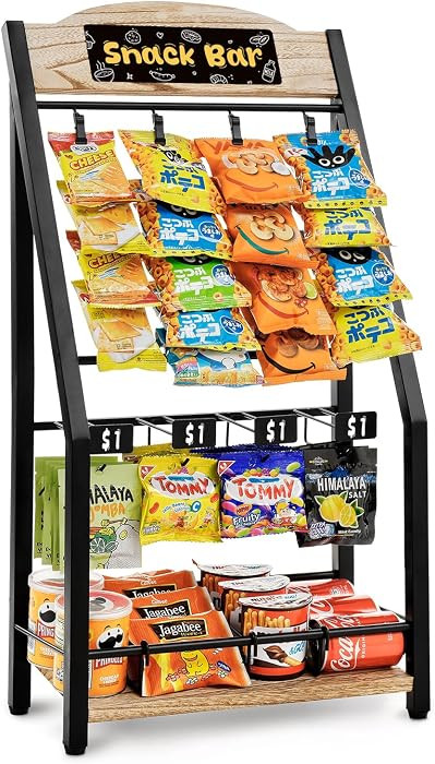 Chip Rack Display Stand, 4 Tiers 20 Clips Snack Organizer, 4 Hanger Strips Hooks Snack Candy Coun... | Amazon (US)