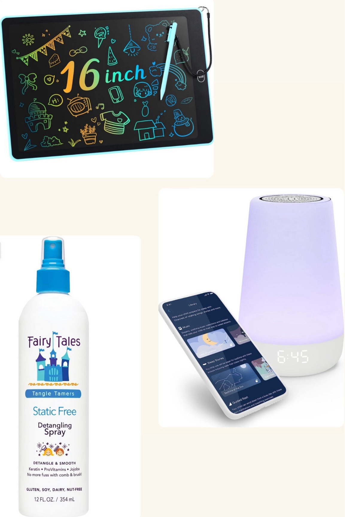 A couple long-time favorites I wanted to share about: these kids coloring tablets go everywhere with us and help keep my kiddos busy during car rides, at restaurants, with friends, at home, etc! There isn’t a place I don’t take these with us 😊 and the Fairy Tales detangling spray really works well on my oldest daughter’s hair. A newer favorite is the Hatch alarm clock - so far I’m loving it. I’ll keep you all posted (via insta stories) on how I feel about it as time goes on! 