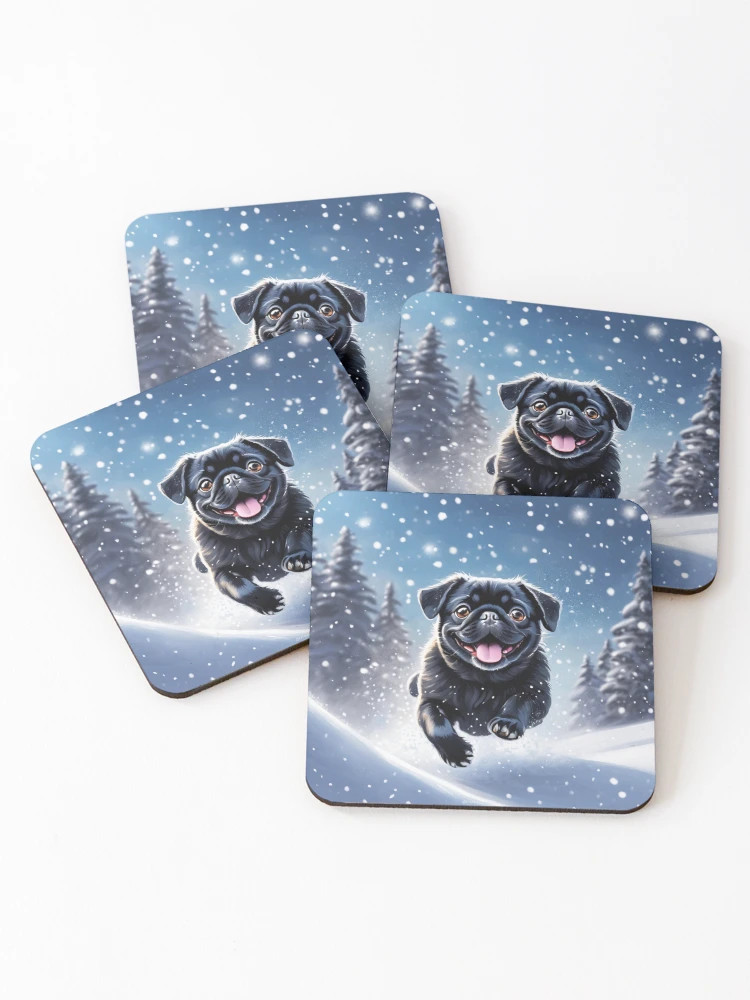 Snow Black Pug Coasters (Set of 4) | Redbubble (US)