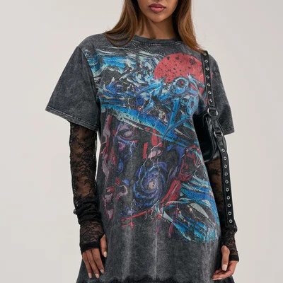 AKIRA They Watch I Win Graphic Lace Mini Dress | Black | Size Large | AKIRA