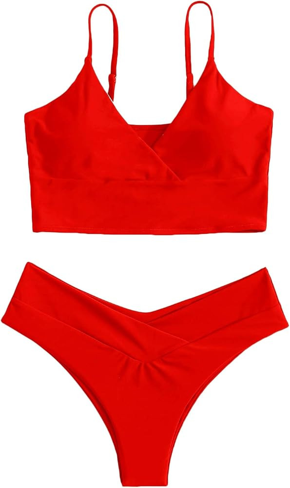 SheIn Women's Swimsuit Wrap V Neck Sleeveless Bikini Top and High Cut Thong Set Bathing Suit | Amazon (US)