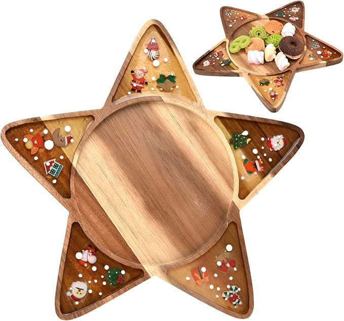 Christmas Serving Platter Star Acacia Wood Serving Tray Charcuterie Board Handcrafted Resin Woode... | Amazon (US)