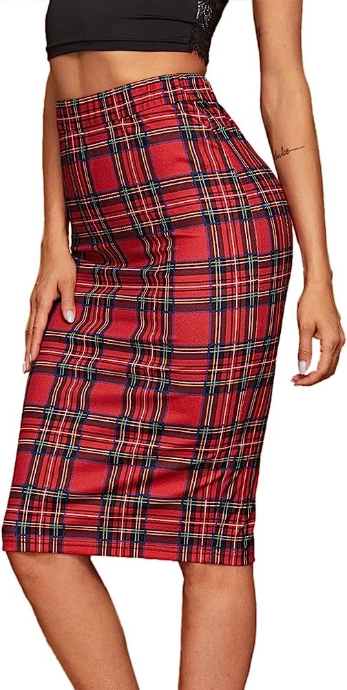 SheIn Women's Plaid Elastic Waist Stretch Bodycon Skirts Knee Length Pencil Skirt | Amazon (US)