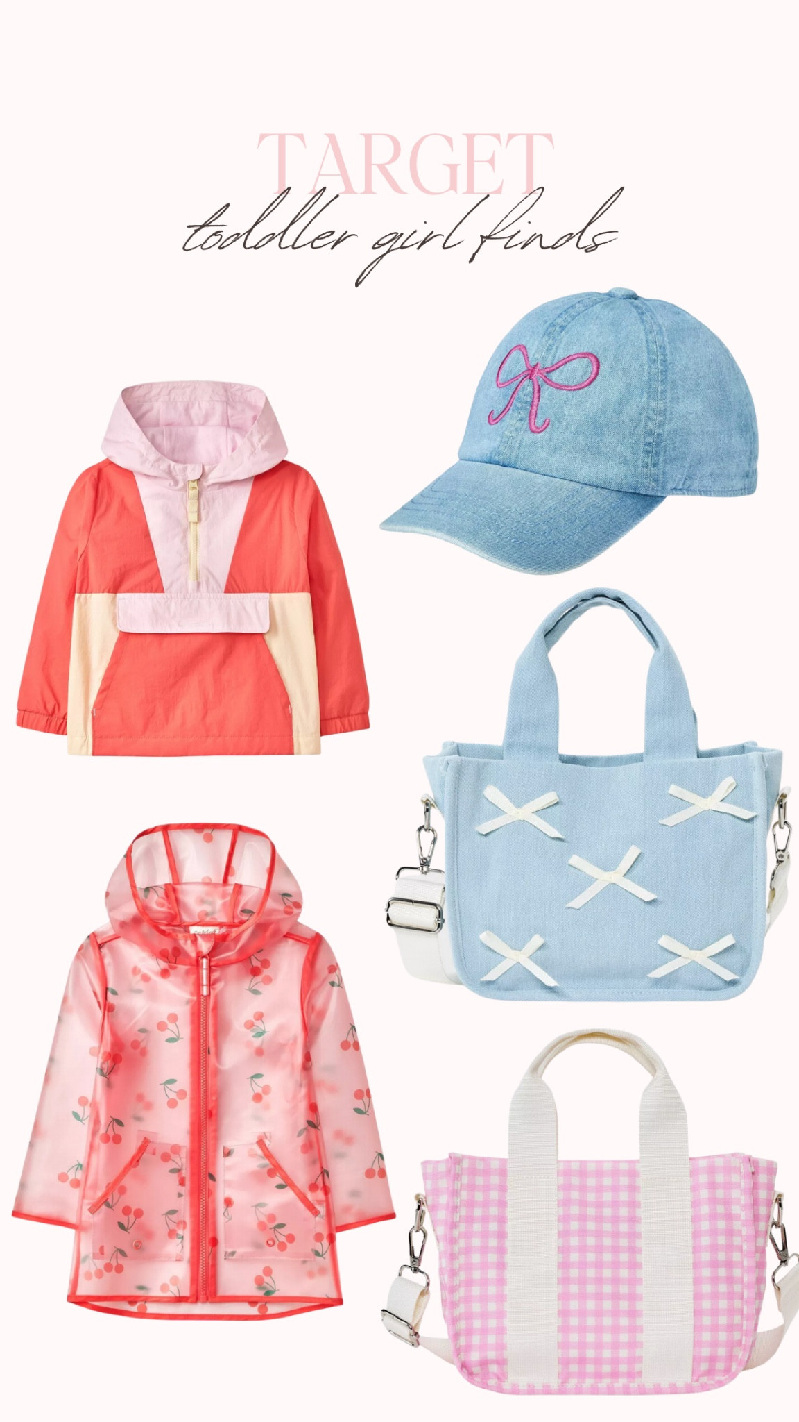 Target. Toddler girl. Little girl. Rain jacket.   Cherries. Tote bag. Bow. Gingham. Baseball hat. Affordable  

#LTKStyleTip #LTKSeasonal #LTKKids