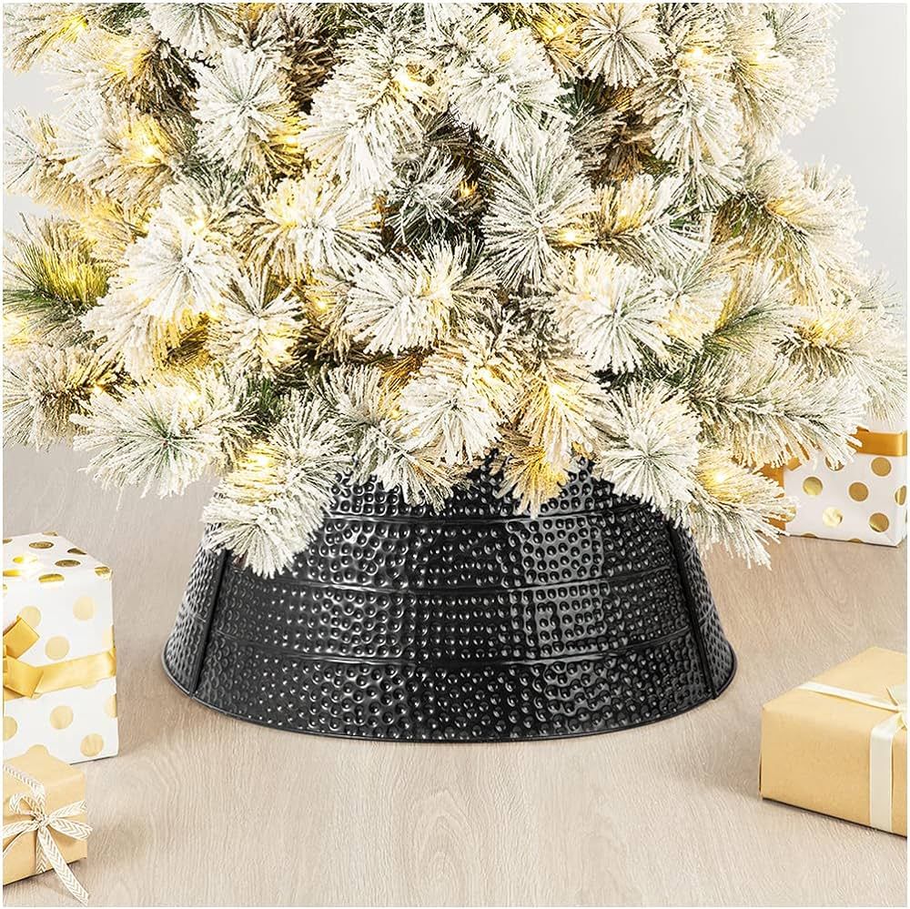 glitzhome 22" D Black Hammered Metal Tree Collar Tree Base Cover Decorative Christmas Tree Ring f... | Amazon (US)