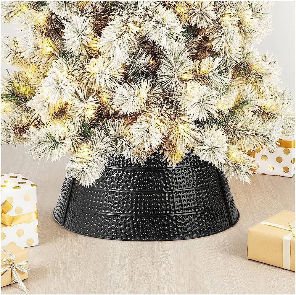 glitzhome 22" D Black Hammered Metal Tree Collar Tree Base Cover Decorative Christmas Tree Ring f... | Amazon (US)