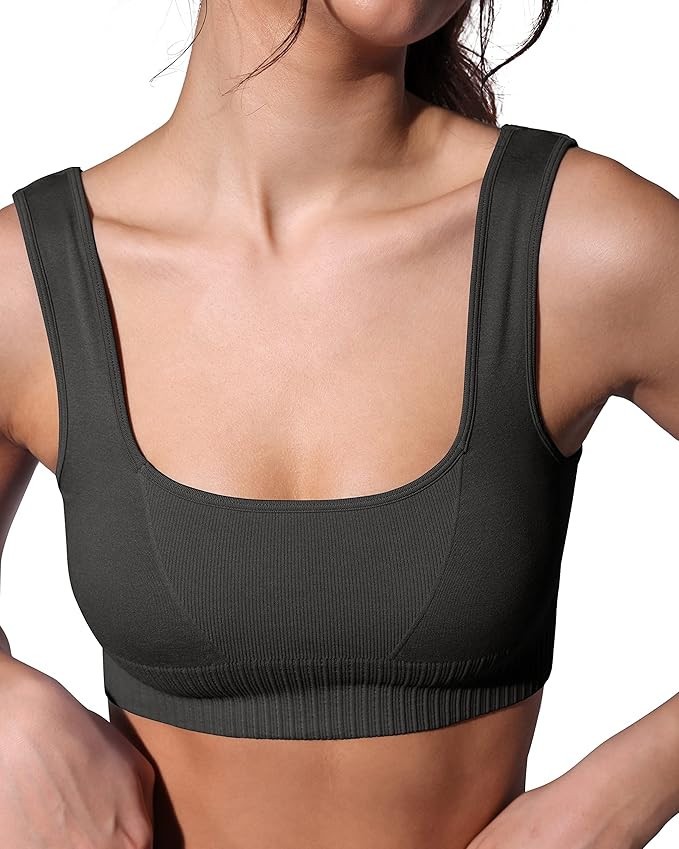 ODODOS Seamless Square Neck Sports Bra for Women Ribbed Crop Tank Casual Low Back Cropped Tops | Amazon (US)