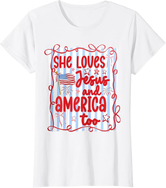 4th Of July She Loves Jesus And America Too Christian Women T-Shirt | Amazon (US)