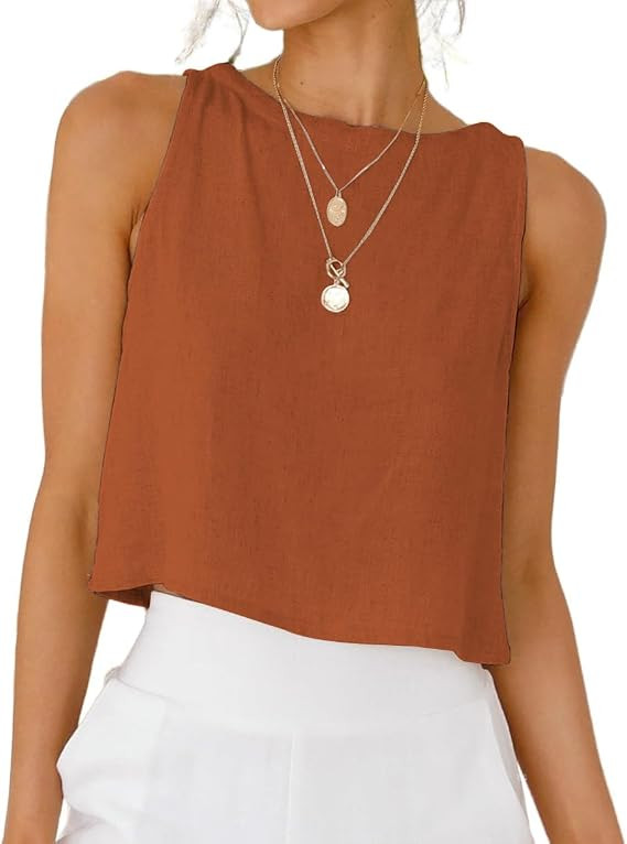 IDEALSANXUN Womens Linen Crop Tank Tops 2026 Spring Summer Beach Sleeveless Tops | Amazon (US)