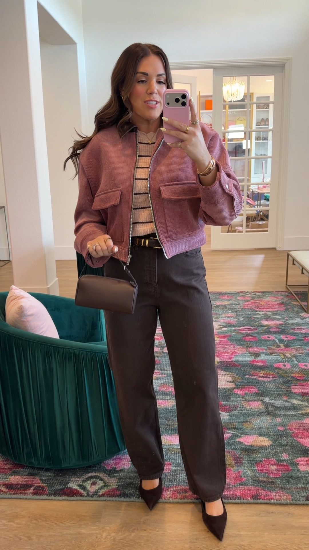 curvy midsize transitional spring pink look! wearing size large in pink stripe sweater top, size 30 in brown denim, and size large in pink mauve jacket 

#LTKMidsize #LTKSeasonal