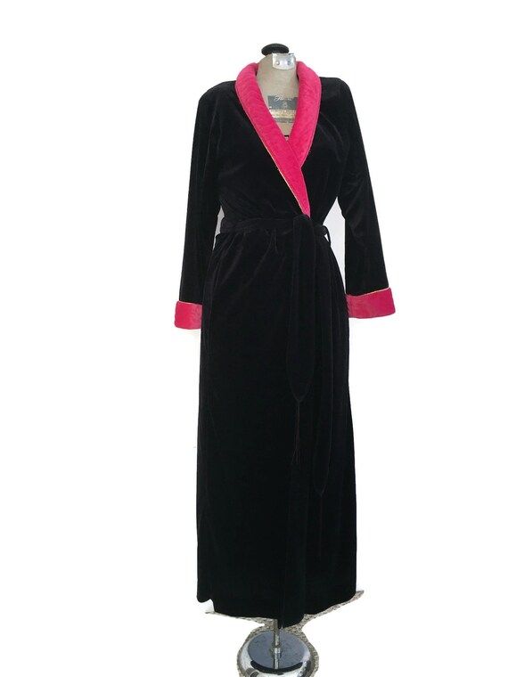Christian Dior Loungewear Robe Vintage Black Velveteen & Pink Trim Ladies Petite Floor Length | Etsy (US)
