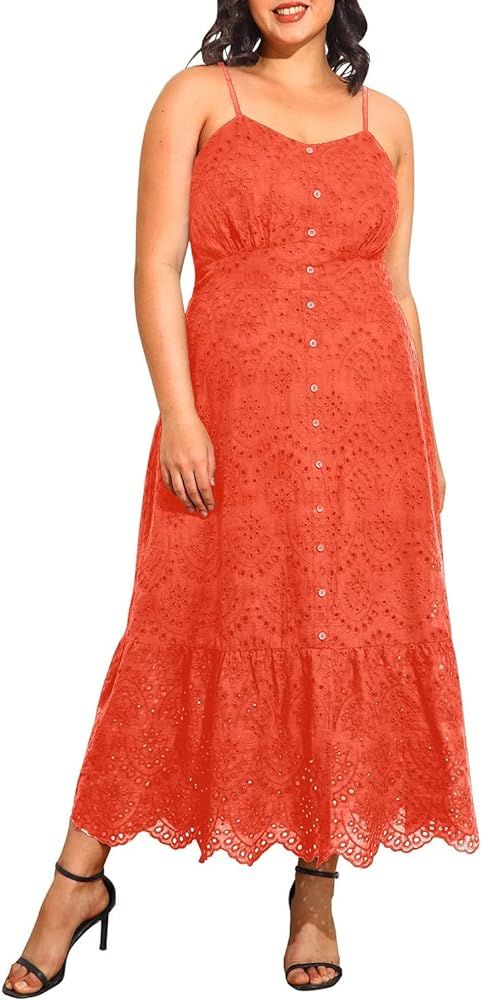 Pinup Fashion Women Plus Size Embroidery Eyelet Button Down Long Spaghetti Strap Summer Beach Max... | Amazon (US)