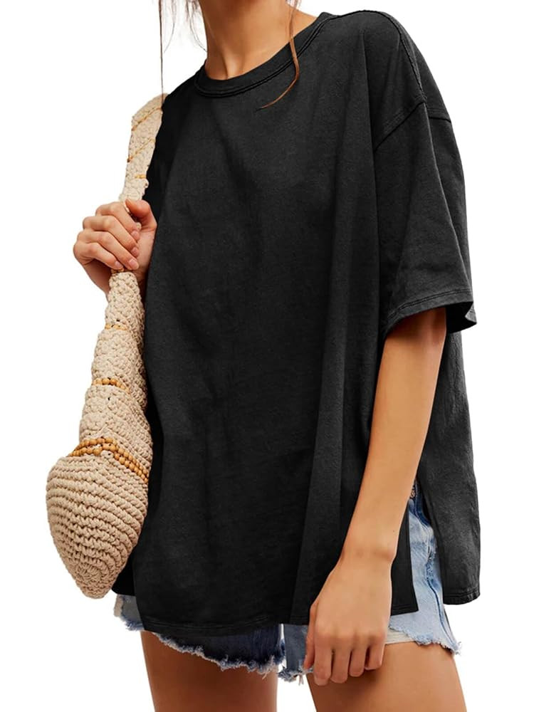 Tankaneo Womens Oversized Tshirts Summer Casual Short Sleeve Crew Neck T Shirt Loose Fit Side Sli... | Amazon (US)