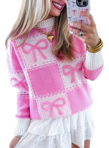 Melliflo Women's Pink Bow Knot Two Tone Checkered Sweater Crewneck Long Sleeve Knit Warm Pullover Sweater Tops | Amazon (US)