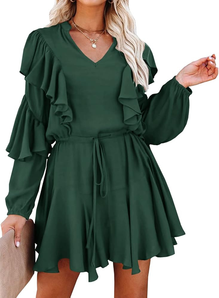 MITILLY Women's Elegant Long Sleeve Dresses V Neck High Waist Ruffle Loose Flowy Party Mini Dress... | Amazon (US)