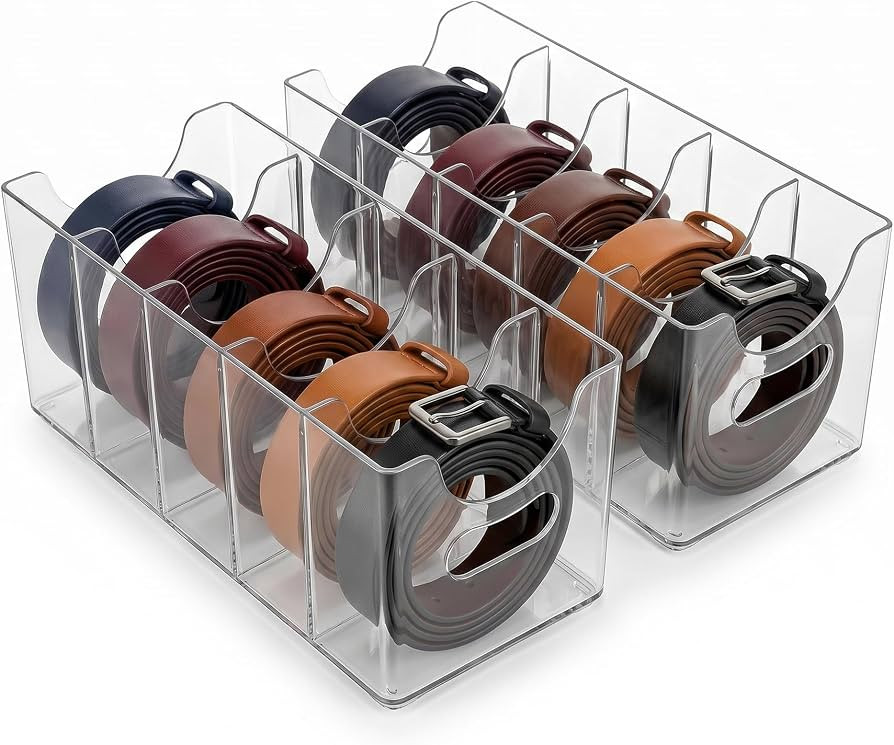Clear Acrylic Belt Organizer 2 Pack, Stackable Belt Holder with 5 Removable Dividers & Built-in H... | Amazon (US)