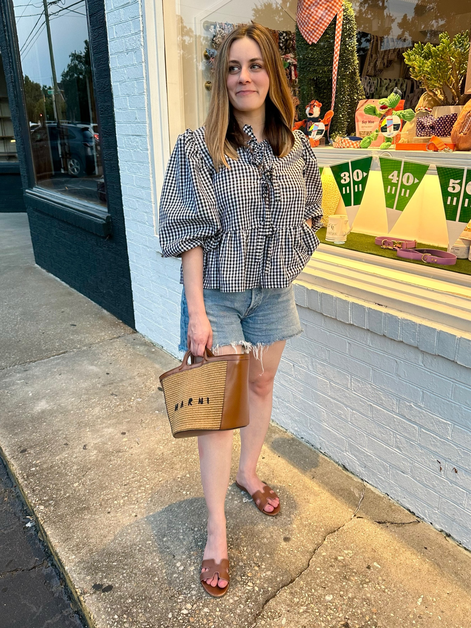 Transitional outfit ready for fall! Tie front top. Jean shorts. Basket bag. Oran sandal dupes.

#LTKMidsize #LTKStyleTip #LTKFindsUnder50