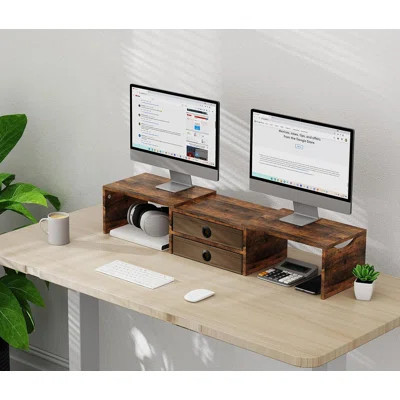 Dual Monitor Stand Riser With 2 Drawers, Wood Monitor Riser For 2 Monitors, Length And Angle Adjustable Monitor Stand With Storage | Wayfair North America