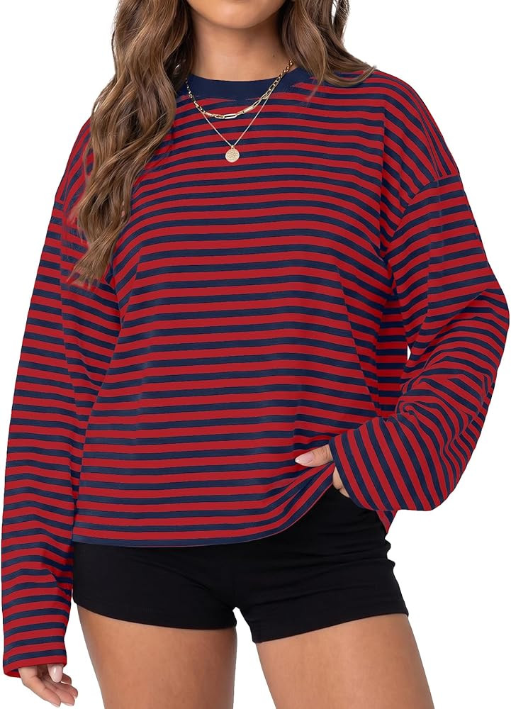 Cioatin Women Oversized Long Sleeve Striped Tee Shirt Tops Y2K Aesthetic Preppy Crewneck Sweatshi... | Amazon (US)