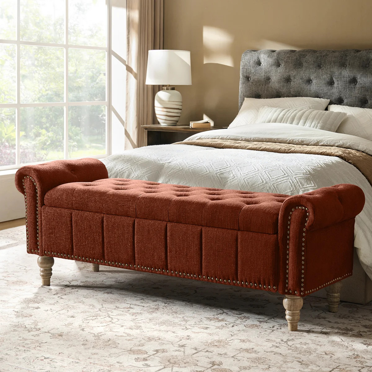 Georgia 58.5'' W  Traditional Classic Storage Bench with Solid Wood Legs and Nailhead Trim | Wayfair North America