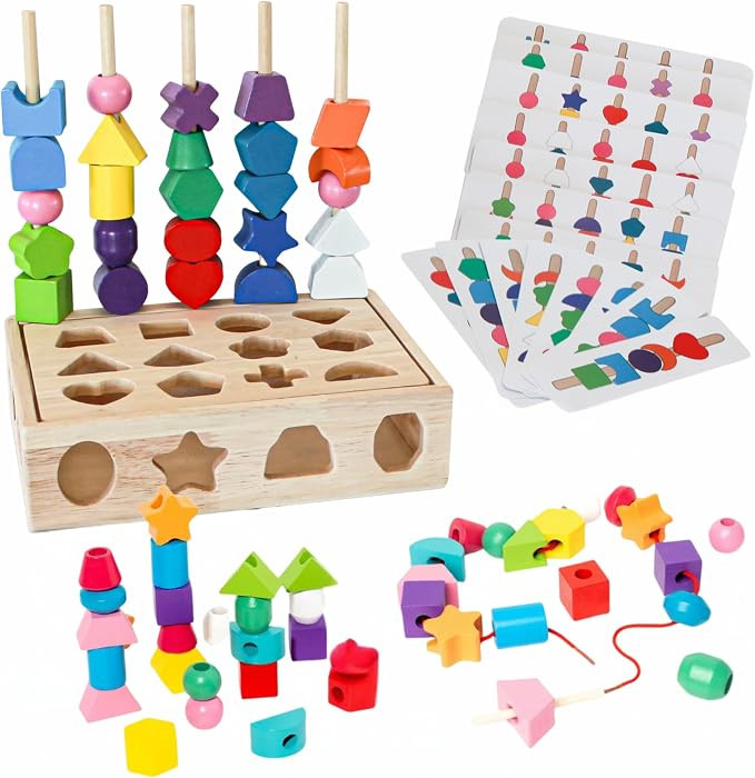 3 in 1 Montessori Wooden Beads Sequencing Toy Set & Lacing Beads, Matching Shape Stacker, & Stack... | Amazon (US)