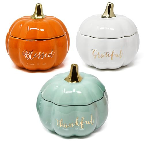 Fall Pumpkin Decorative Bowl Set with Lids, Thankful Grateful Blessed, White Ceramic Jar Bowls for Home Decor Candy Dish Halloween Thanksgiving Gift | Amazon (US)
