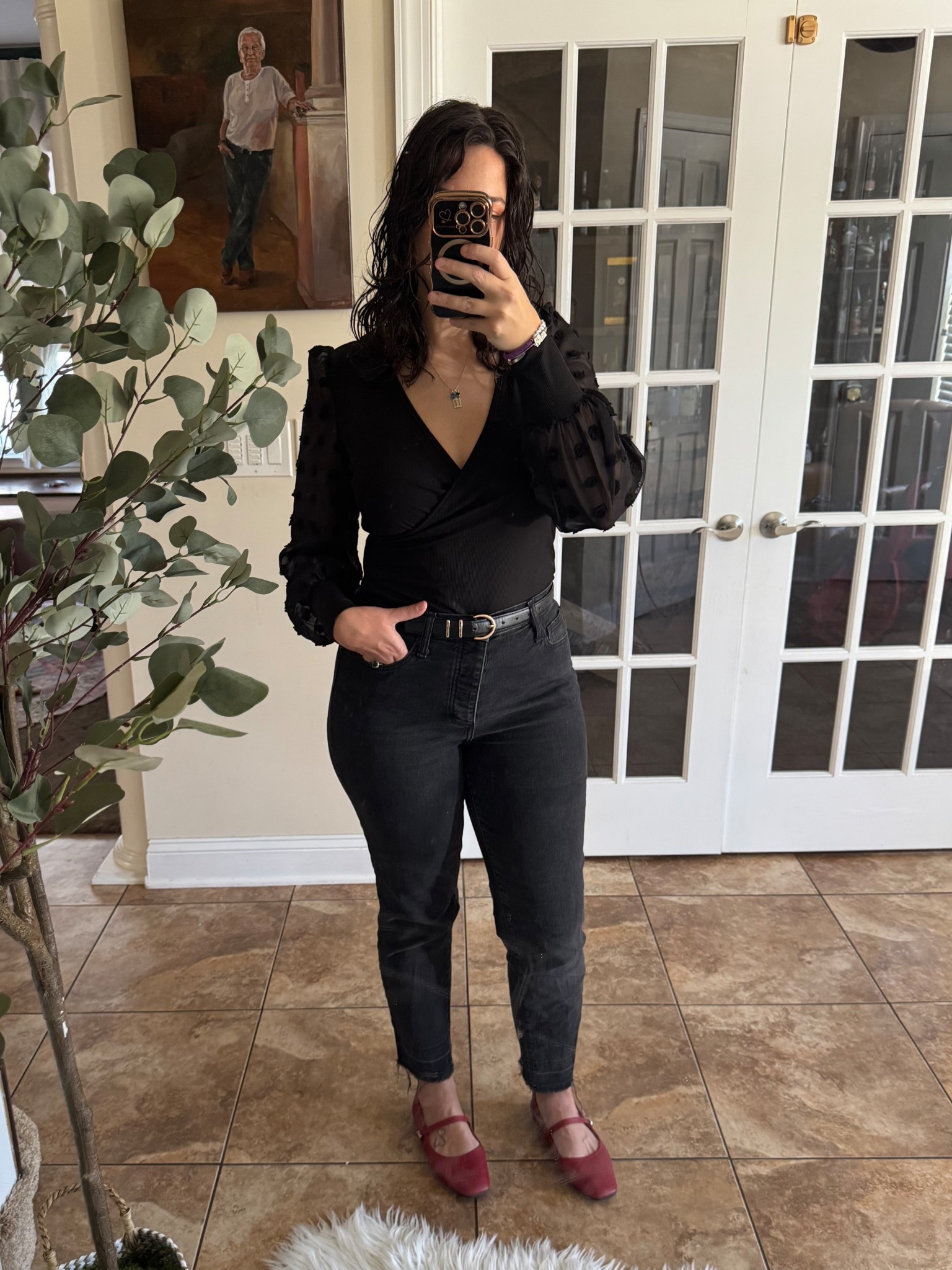 All black with red Mary Jane flats. 

#LTKMidsize #LTKSeasonal #LTKStyleTip