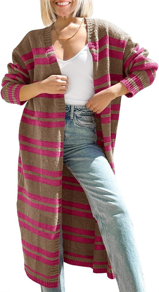 Saodimallsu Womens Striped Long Cardigans Open Front Color Block Long Sleeve Loose Knit Fall Dust... | Amazon (US)
