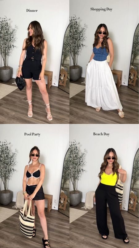 Vacation looks for every occasion @walmartfashion @walmart #walmartpartner #walmartfashion 
So many ways to mix and match
All these pieces! 
Sizing info :
Look 1
One piece swimsuit / small
Linen pants / small
Look 2
Underwire top / medium 
Bottoms/ medium 
Sarong / m/l
Look 3
Denim
Corset / small 
Maxi skirt / small 
Look 4
Vest/ small 
Shorts / medium 
