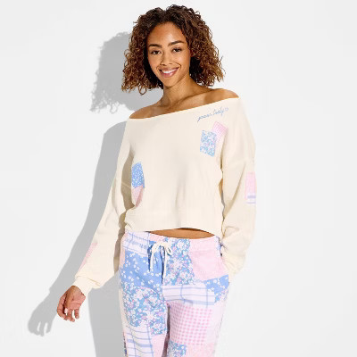Women's Patchwork Off the Shoulder Graphic Pullover Sweatshirt - Pastels XS | Target