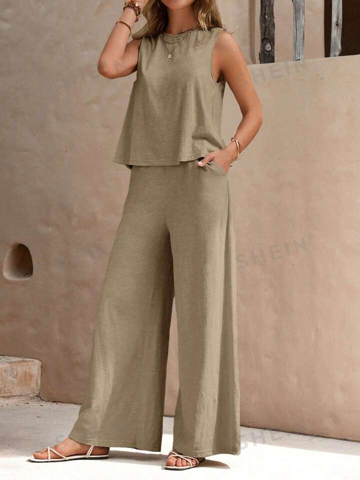 SHEIN LUNE Solid Tank Top & Wide Leg Pants | SHEIN
