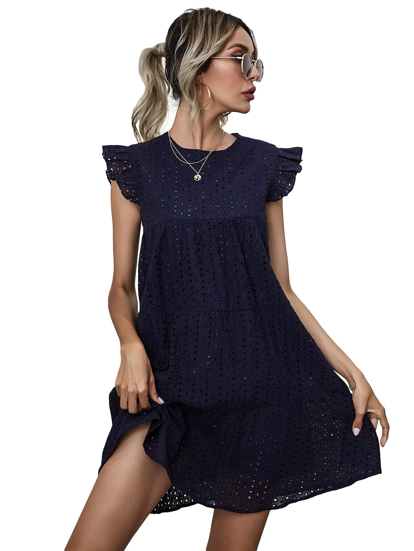 DIDK Women's Boho Ruffle Armhole Sleeveless V Neck Eyelet Embroidery Smock Dress | Amazon (US)