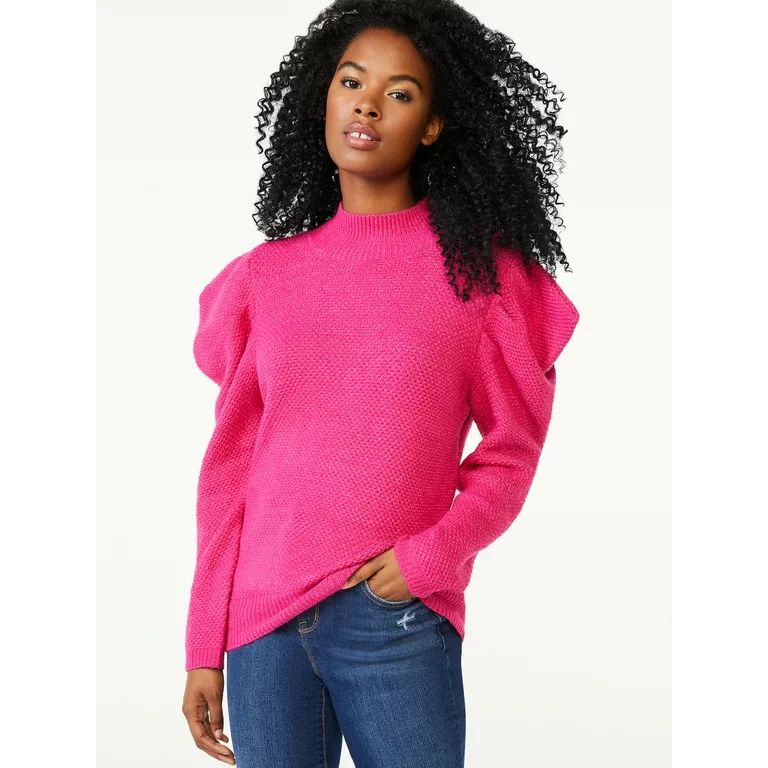 Scoop Women's Mock Neck Sweater with Pleated Puff Sleeves | Walmart (US)