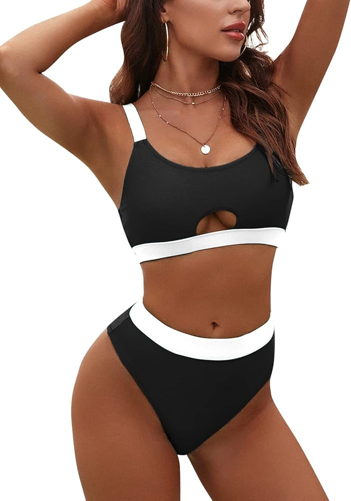 Blooming Jelly Womens Two Piece High Cut Bikini Cutout High Waisted Swimsuit Color Block Cute Bat... | Amazon (US)