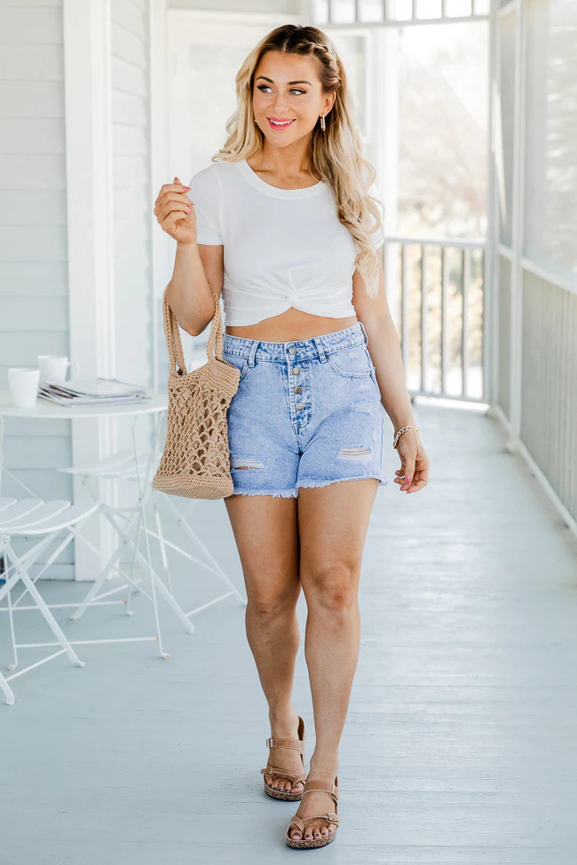 Off On The Town Button-Fly Distressed Light Wash Shorts | Pink Lily