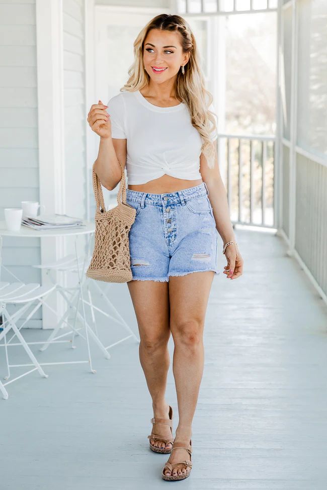 Off On The Town Button-Fly Distressed Light Wash Shorts | Pink Lily