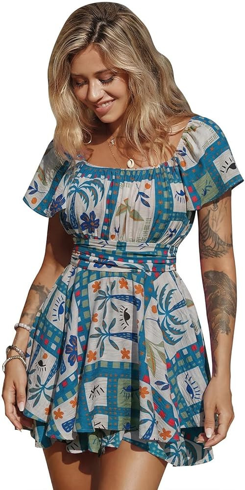 EXLURA Women's 2026 Summer Ruffle Short Sleeve Tie Back Romper Dress Square Neck A Line Cute Dres... | Amazon (US)