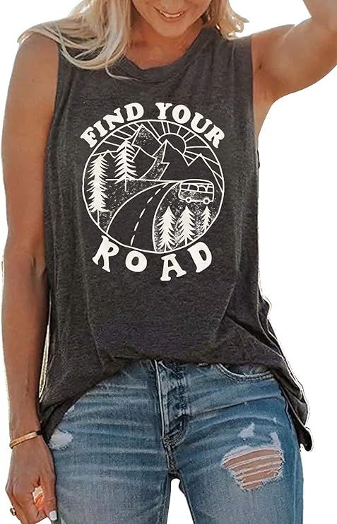 Umsuhu Find Your Road Shirts Tank Tops Women Sleeveless Summer Graphic Tank Tops Tee Shirts | Amazon (US)